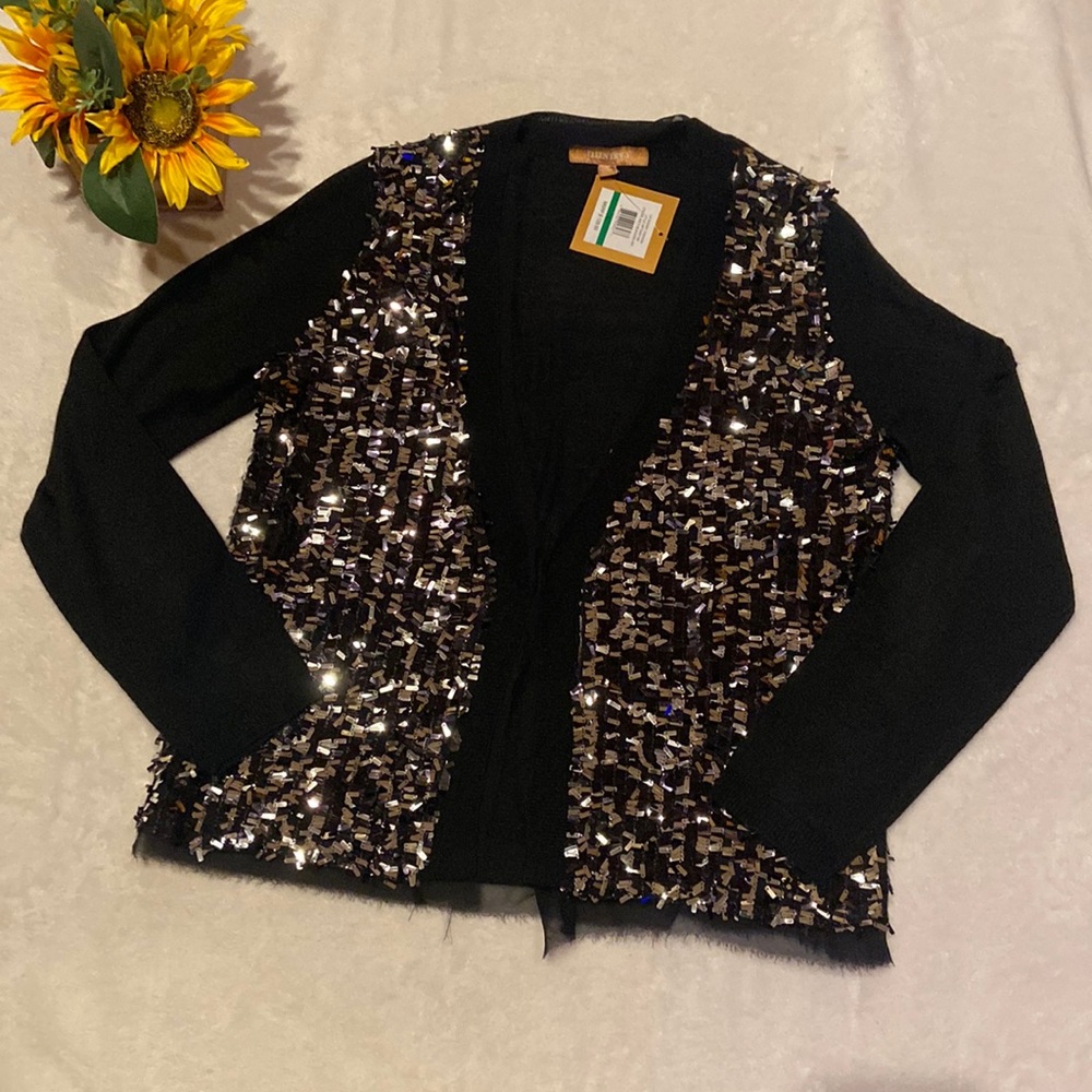 Beautiful Ellen Tracy Black & Silver Bling Sweater NWT Size L MSRP $129.50